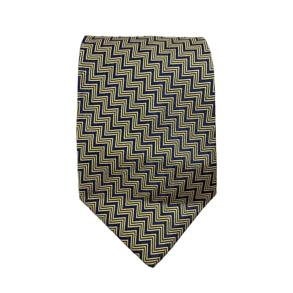 Lauren Ralph Lauren Tie Men's Silk Blue Yellow Chevron Geometric Necktie USA